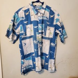 Blue Water Wear button up shirt fishing bird theme